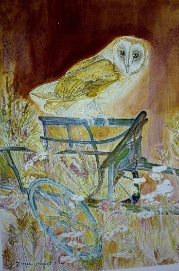 "goldenbrownowlsflor…" başlıklı Resim Blossom Hackett tarafından, Orijinal sanat, Pastel