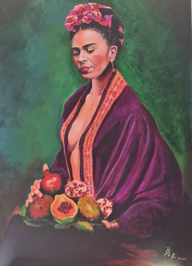 Pintura intitulada "Frida aux fruits" por Ballanger_lenoir, Obras de arte originais, Acrílico Montado em Armação em madeira