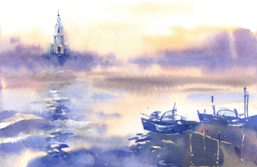Painting titled "Quiet pier" by Veronika Shepilova (Blueberry Artist), Original Artwork, Watercolor