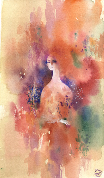Painting titled "Girl with flowers" by Veronika Shepilova (Blueberry Artist), Original Artwork, Watercolor
