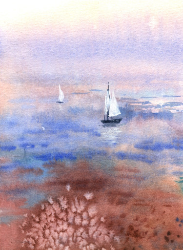 Картина под названием "Evening at the sea…" - Veronika Shepilova (Blueberry Artist), Подлинное произведение искусства, Аквар…