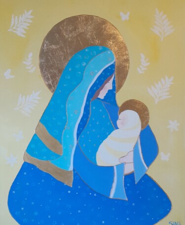 Painting titled "La vierge et l'enfa…" by L'Atelier De Sana, Original Artwork, Acrylic Mounted on Wood Stretcher frame