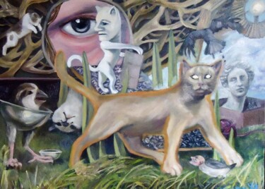 Schilderij getiteld "A Cat's Dream" door Douglas Manry, Origineel Kunstwerk, Olie