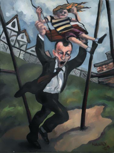 Schilderij getiteld "The Red Swing" door Douglas Manry, Origineel Kunstwerk, Olie