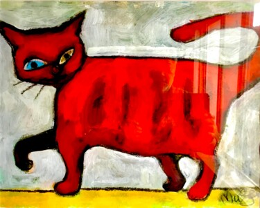 Peinture intitulée "赤猫" par Bo Sheng Tian Zhong, Œuvre d'art originale, Acrylique Monté sur Panneau de bois