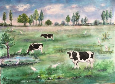 Peinture intitulée "herons garde-boeufs" par Jean Barace, Œuvre d'art originale