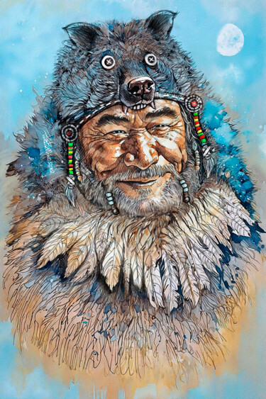 Arts numériques intitulée "Chief Brown Bear" par Bob Bello, Œuvre d'art originale, Peinture numérique