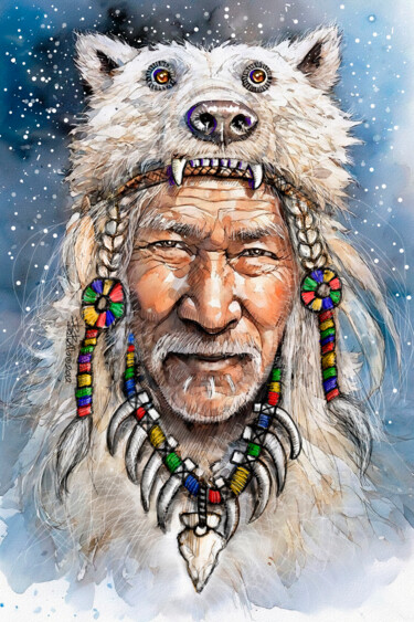 数字艺术 标题为“Chief White Bear” 由Bob Bello, 原创艺术品, 数字油画
