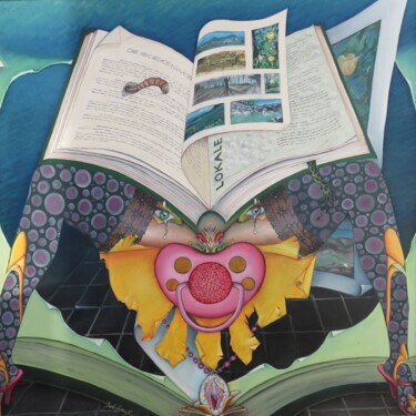 Painting titled "De boekenworm" by Bob Ivens, Original Artwork, Oil Mounted on Wood Stretcher frame