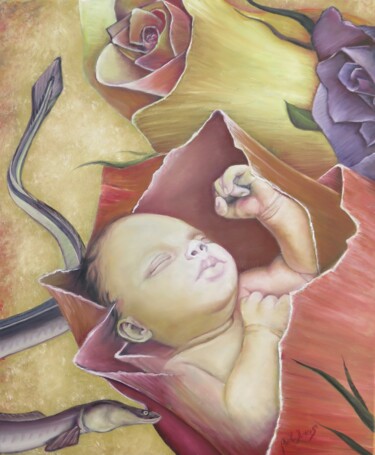 Картина под названием "Paling en rozen" - Bob Ivens, Подлинное произведение искусства, Масло Установлен на Деревянная рама д…