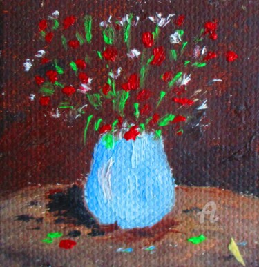 Painting titled "Le vase bleu et fle…" by Roberto Urbano, Original Artwork, Oil