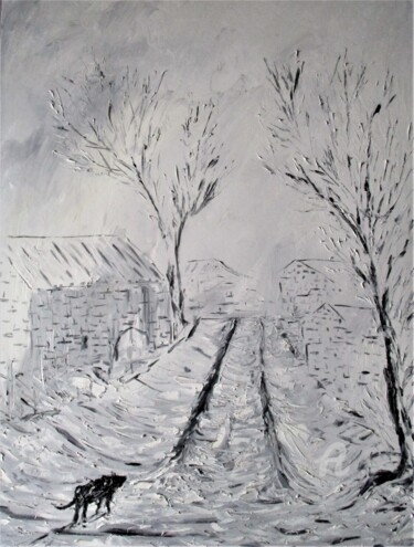 Painting titled "Balzac sous la neige" by Roberto Urbano, Original Artwork, Oil Mounted on Wood Stretcher frame