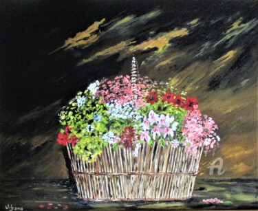 Painting titled "Panier de fleurs" by Roberto Urbano, Original Artwork, Oil Mounted on Wood Stretcher frame