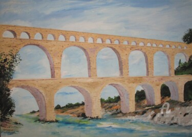 Peinture intitulée "Pont du Gard" par Roberto Urbano, Œuvre d'art originale, Huile