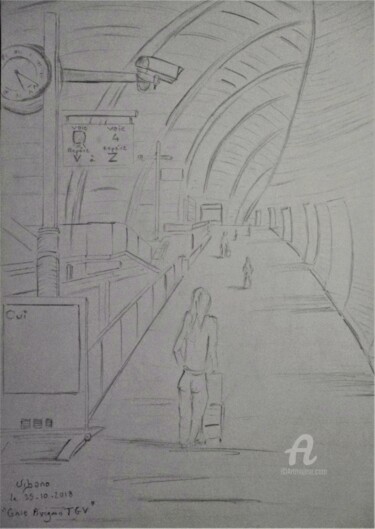 Zeichnungen mit dem Titel "Gare TGV Avignon" von Roberto Urbano, Original-Kunstwerk, Bleistift