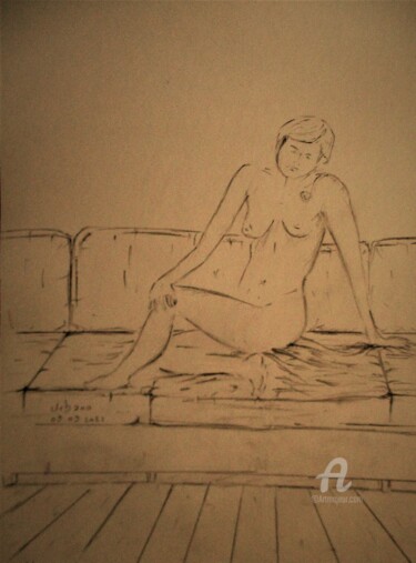 Drawing titled "Daphné sur le canapé" by Roberto Urbano, Original Artwork, Pencil