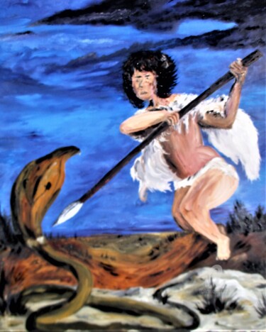 Schilderij getiteld "Combat l'ange et le…" door Roberto Urbano, Origineel Kunstwerk, Olie Gemonteerd op Frame voor houten br…