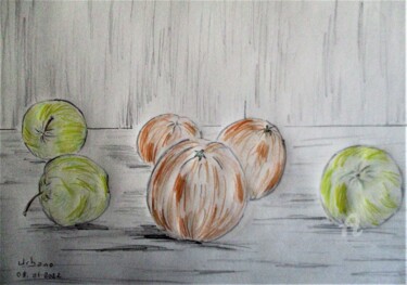 Drawing titled "3 Pommes et 3 Orang…" by Roberto Urbano, Original Artwork, Pencil