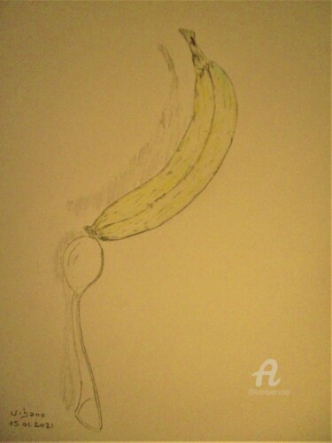 Zeichnungen mit dem Titel "Banane en équilibre" von Roberto Urbano, Original-Kunstwerk, Bleistift