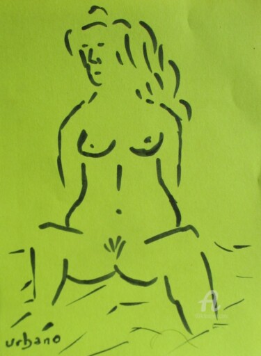 Drawing titled "Seule sur le sable" by Roberto Urbano, Original Artwork, Marker Mounted on Other rigid panel
