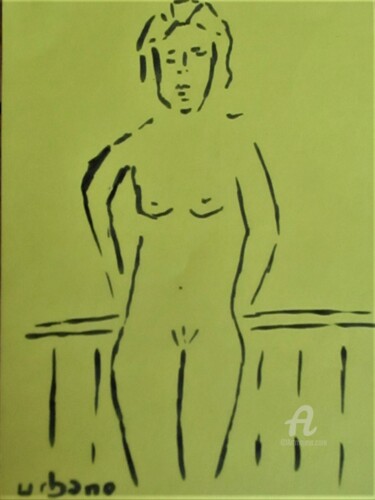 Drawing titled "Nu sur le balcon" by Roberto Urbano, Original Artwork, Marker Mounted on Other rigid panel