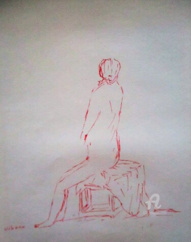 Drawing titled "Nu au stylo rouge" by Roberto Urbano, Original Artwork, Ballpoint pen