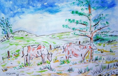 Painting titled "Les vaches à Montmo…" by Roberto Urbano, Original Artwork, Watercolor