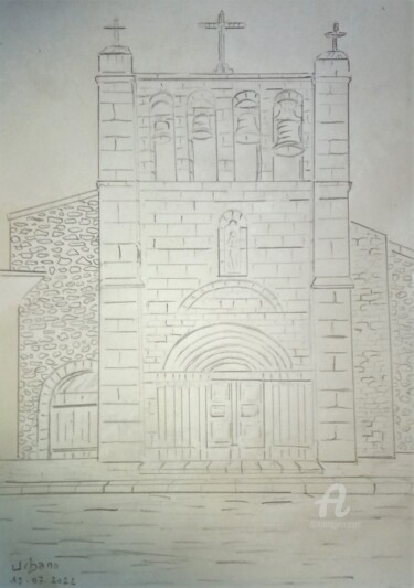 Zeichnungen mit dem Titel "Eglise de Coucouron" von Roberto Urbano, Original-Kunstwerk, Bleistift