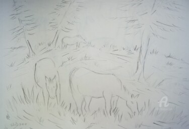 Zeichnungen mit dem Titel "Les chevaux en Ardè…" von Roberto Urbano, Original-Kunstwerk, Bleistift