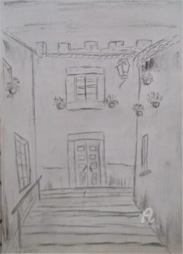 Dessin intitulée "Ruelle à Obidos" par Roberto Urbano, Œuvre d'art originale, Crayon