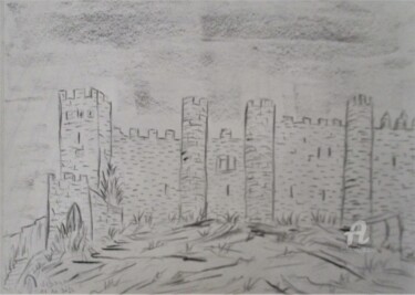 Dessin intitulée "Le château à Obidos" par Roberto Urbano, Œuvre d'art originale, Crayon
