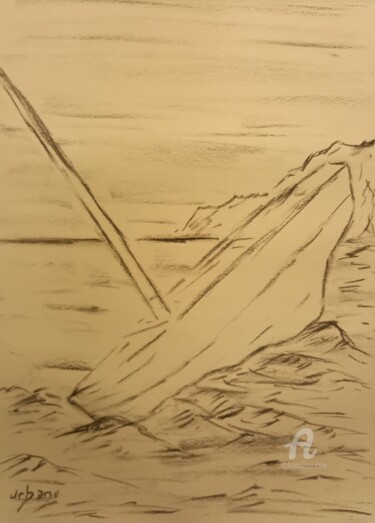 Tekening getiteld "La chaloupe de pêche" door Roberto Urbano, Origineel Kunstwerk, Houtskool