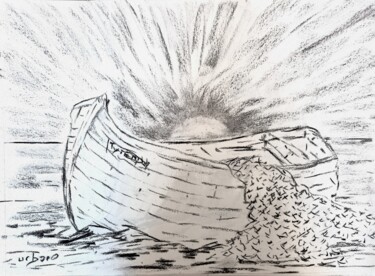 Drawing titled "Le bateau de pêche" by Roberto Urbano, Original Artwork, Charcoal