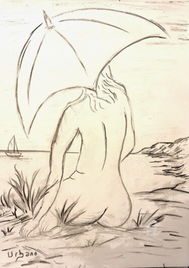 Zeichnungen mit dem Titel "Nu à l' ombrelle" von Roberto Urbano, Original-Kunstwerk, Kohle
