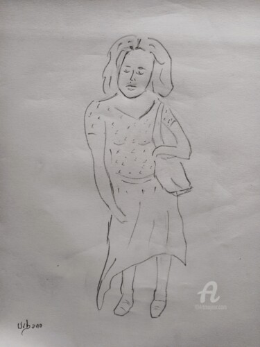 Dessin intitulée "La femme au sac à m…" par Roberto Urbano, Œuvre d'art originale, Crayon