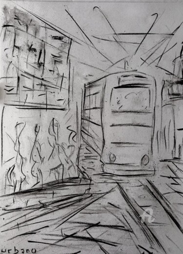Drawing titled "Tram AVIGNON" by Roberto Urbano, Original Artwork, Charcoal