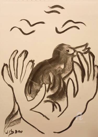 Tekening getiteld "L' oiseau noir" door Roberto Urbano, Origineel Kunstwerk, Houtskool