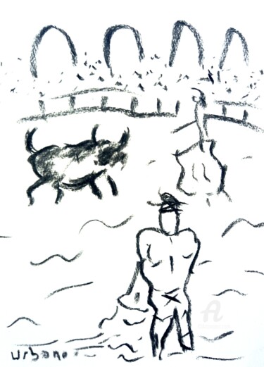 Zeichnungen mit dem Titel "Toro en Sevilla" von Roberto Urbano, Original-Kunstwerk, Kohle