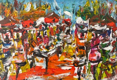 Painting titled "African Village mar…" by Bob Usoroh, Original Artwork, Acrylic