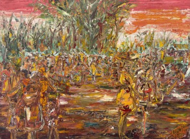 Schilderij getiteld "African Bazaar" door Bob Usoroh, Origineel Kunstwerk, Olie