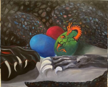 Ζωγραφική με τίτλο "Mother Dragon Prote…" από Bobbie Salvador, Αυθεντικά έργα τέχνης, Λάδι Τοποθετήθηκε στο Ξύλινο φορείο σκ…