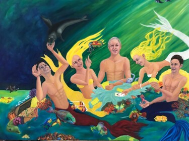 Malerei mit dem Titel "Mermaids Playing Ca…" von Bobbie Salvador, Original-Kunstwerk, Öl Auf artwork_cat. montiert
