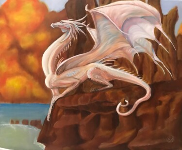 Painting titled "White Dragon" by Bobbie Salvador, Original Artwork, Oil Mounted on artwork_cat.