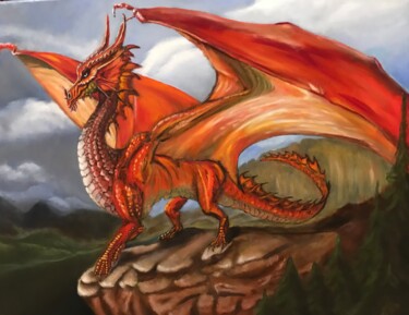 Painting titled "Red Dragon" by Bobbie Salvador, Original Artwork, Oil Mounted on artwork_cat.