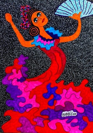 Картина под названием "flamenco-fling-2018…" - Bobbie Winston, Подлинное произведение искусства, Акварель