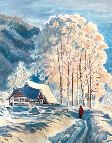 Malarstwo zatytułowany „Mountain house” autorstwa Bobette Stanbridge, Oryginalna praca, Olej Zamontowany na Drewniana rama n…
