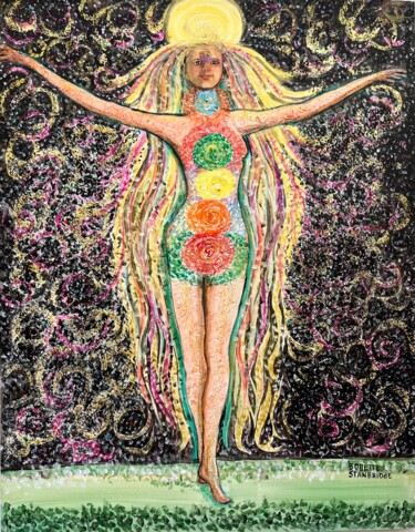 Painting titled "Chakra Goddess" by Bobette Stanbridge, Original Artwork, Acrylic Mounted on Wood Stretcher frame