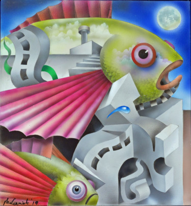 Painting titled "Flying Fish" by Bob Mccormick, Original Artwork, Acrylic Mounted on Wood Panel