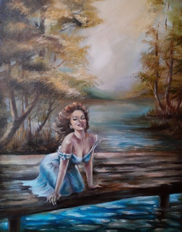 Painting titled "Beautiful woman at…" by Loredana Bobocel, Original Artwork, Oil Mounted on Wood Stretcher frame