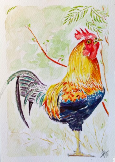 Painting titled "Le coq veille au gr…" by Bobraïs, Original Artwork, Watercolor